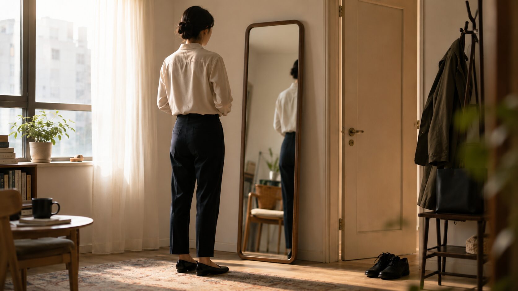 鏡の前に立つ人物の後ろ姿。視線や身体のあり方から人物の現在地を考えるイメージ