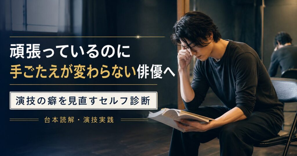 頑張っているのに手ごたえが変わらない俳優が、台本を読みながら演技の癖を見直しているイメージ