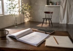 演技で「もっと深く」と言われた時に見直したい台本読解とセリフの準備を示す、台本とノートのある稽古場のイメージ