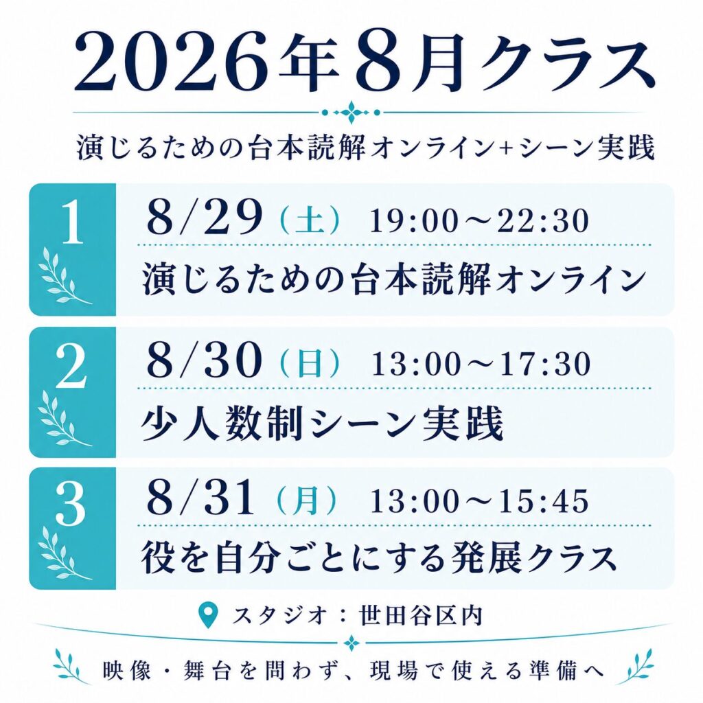 2026年8月29日・30日・31日開催「演じるための台本読解オンライン＋シーン実践」のスケジュール。8月31日は13時から15時45分まで