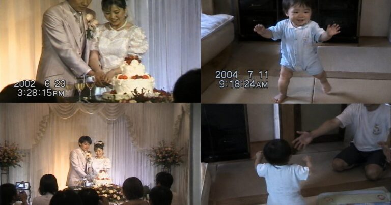 結婚式と子どもの成長記録を並べたホームビデオ風のコラージュ。自然に演じているつもりでも、作品として再構成されていないとホームビデオのように見えてしまう理由を扱う記事のアイキャッチ画像。