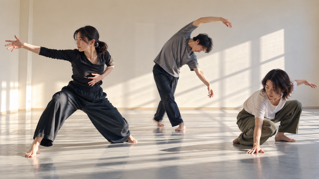 ラバン／エフォートのムーヴメントクラスで異なる身体の使い方を体験する3人